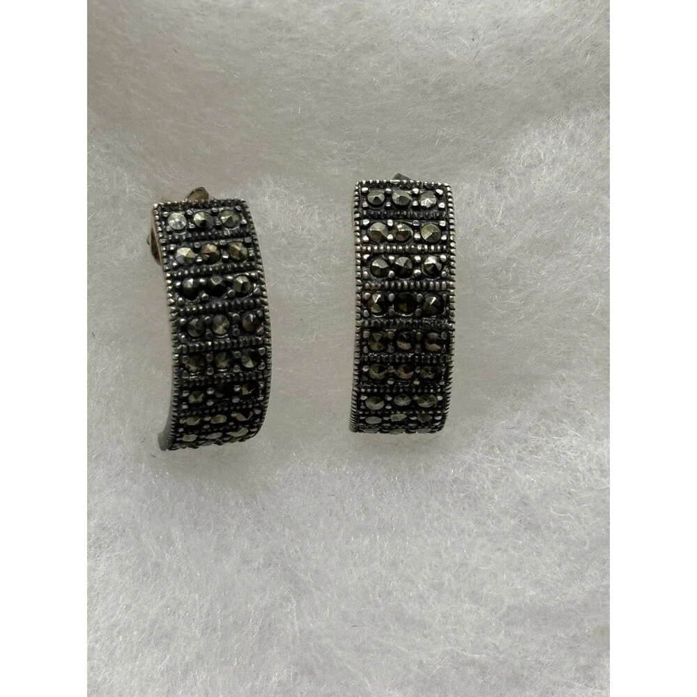 Vintage‎ Signed CFJ Sterling Silver .925 Marcasite Pierced Earrings Thailand